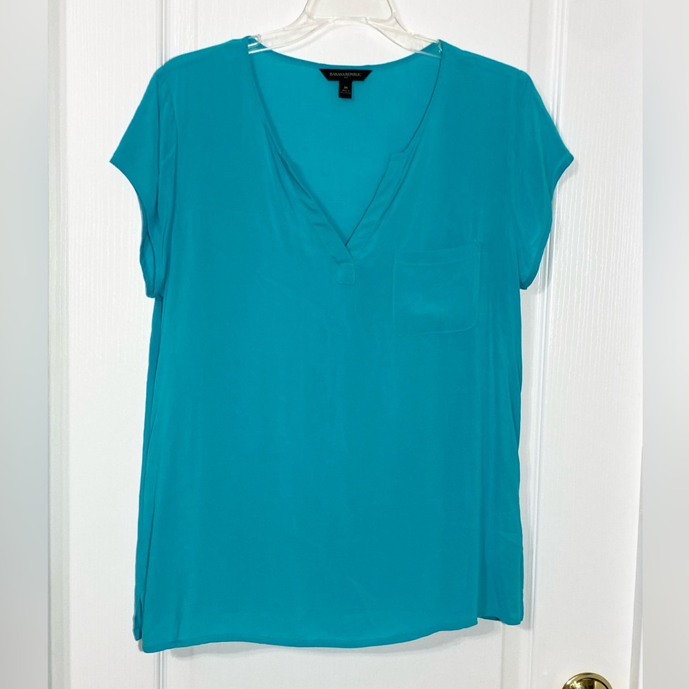 Banana Republic Notch Neck Short Sleeve Pocket Blouse Turquoise Blue Sz Medium